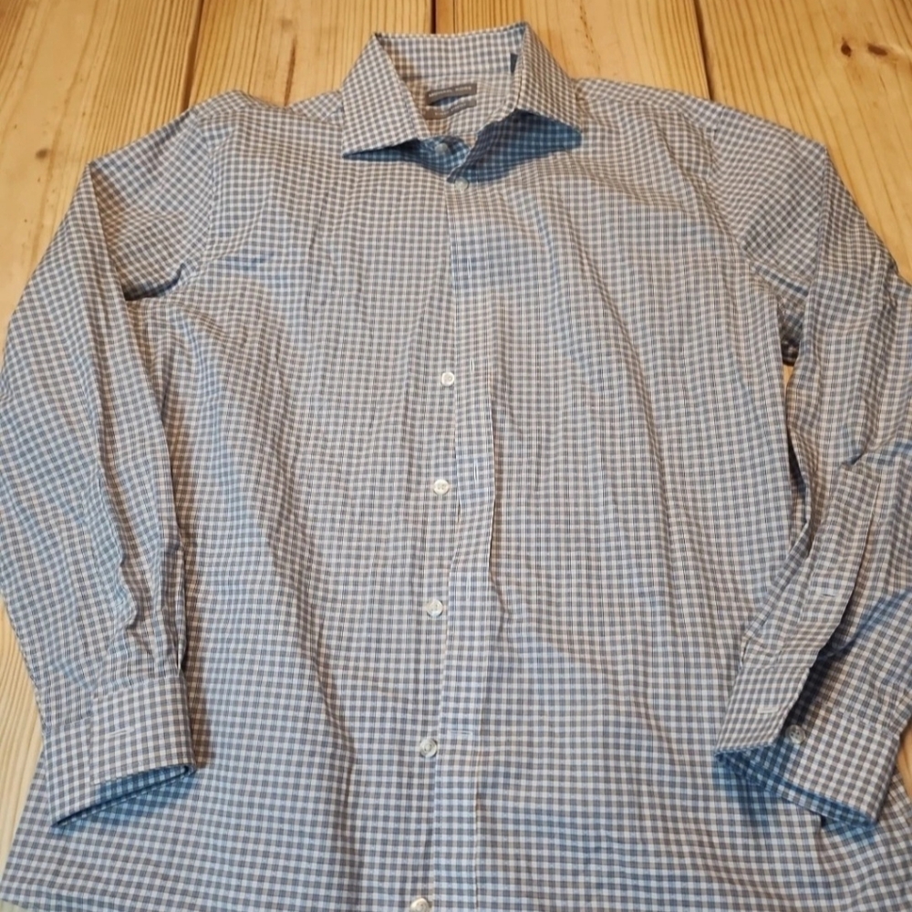 Men's Michael Kors Dress Shirt Plaid Button Down Large 16.5 Blue Tan Slim Fit